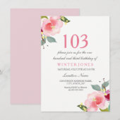 Elegant roze Floral 103rd Birthday Party Invite Kaart (Voorkant / Achterkant)