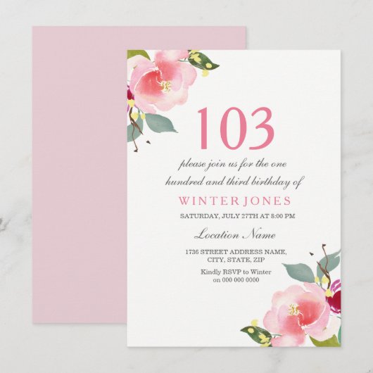 Elegant roze Floral 103rd Birthday Party Invite Kaart (Voorkant / Achterkant)
