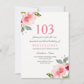 Elegant roze Floral 103rd Birthday Party Invite Kaart (Voorkant)
