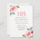 Elegant roze Floral 105th Birthday Party Invite Kaart (Voorkant)