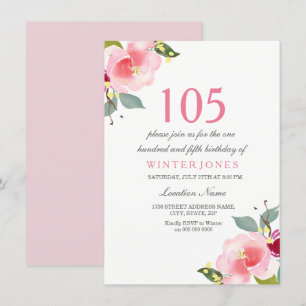Elegant roze Floral 105th Birthday Party Invite Kaart