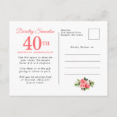Elegant roze Floral 40e verjaardag Uitnodiging Briefkaart (Achterkant)