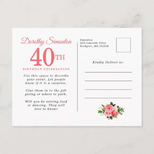 Elegant roze Floral 40e verjaardag Uitnodiging Briefkaart (Achterkant)