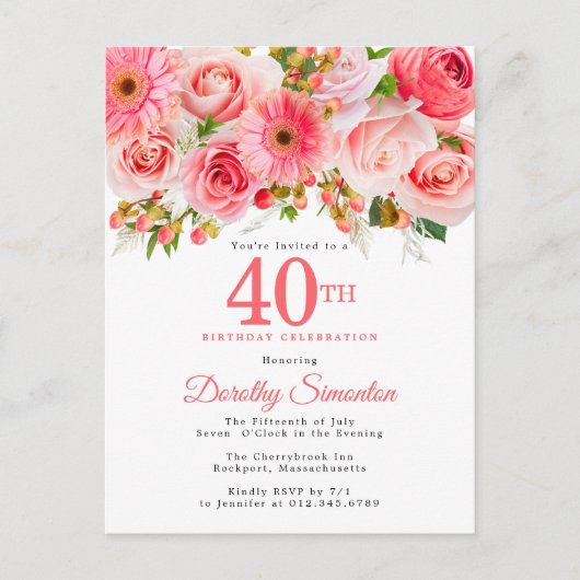 Elegant roze Floral 40e verjaardag Uitnodiging Briefkaart (Voorkant)