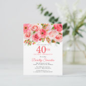 Elegant roze Floral 40e verjaardag Uitnodiging Briefkaart (Staand voorkant)