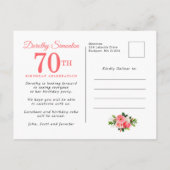 Elegant roze Floral 70e verjaardag Uitnodiging Briefkaart (Achterkant)