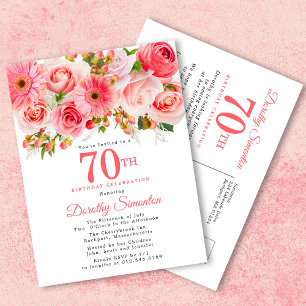 Elegant roze Floral 70e verjaardag Uitnodiging Briefkaart