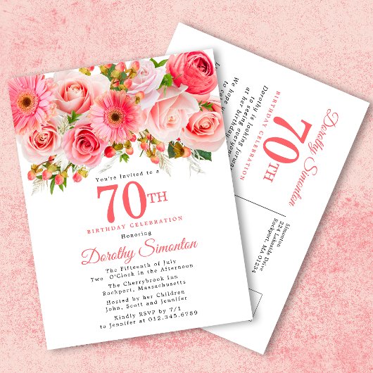 Elegant roze Floral 70e verjaardag Uitnodiging Briefkaart