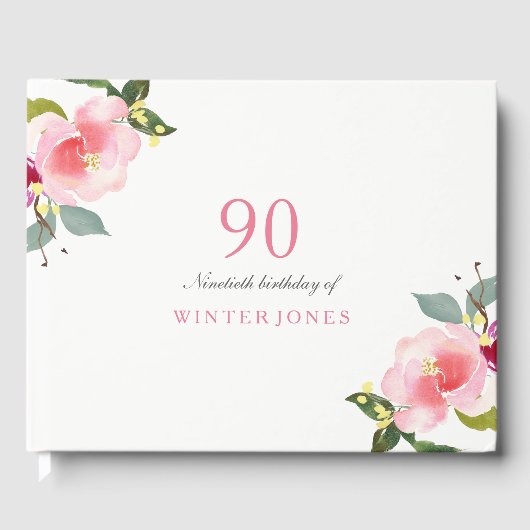 Elegant roze Floral 90th Birthday Party Gastenboek (Voorkant)