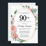 Elegant roze Floral 90th Birthday Party Kaart<br><div class="desc">Zachte roze rozen creëer een prachtig bloemmotief op deze elegante verjaardagsuitnodiging. De roze rozen zijn genesteld in diepgroene bladeren. De rozen en bladeren versierden een chique multi-strand gouden lijst. De achterkant van de uitnodiging is roze. Deze uitnodiging maakt deel uit van het Elegant Pink Floral Collectie. Het bevat sjablonen om...</div>
