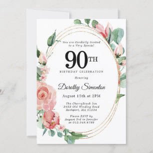 Elegant roze Floral 90th Birthday Party Kaart