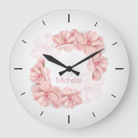 Elegant roze Floral Aangepaste Naam | Wandklok (Voorkant)