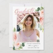 Elegant roze Floral Afstuderen Foto Afstuderen Aankondiging (Voorkant)