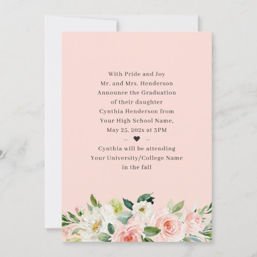 Elegant roze Floral Afstuderen Foto Afstuderen Aankondiging (Achterkant)