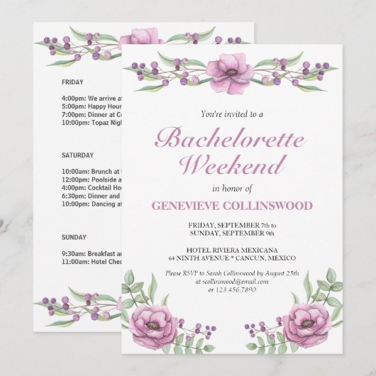 Elegant roze Floral Bachelorette Weekend Itinerary Kaart (Voorkant / Achterkant)