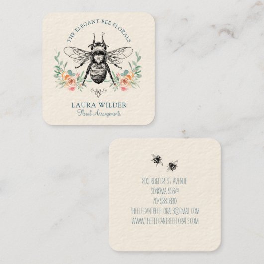 Elegant roze Floral bee Vierkante Visitekaartje (Voorkant / Achterkant)