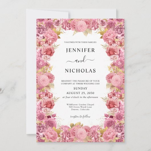 Elegant roze Floral Border Boho Wedding Kaart (Voorkant)
