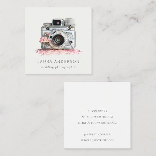 Elegant Roze Floral Camera Fotografie Vierkante Visitekaartje (Voorkant / Achterkant)
