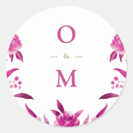 Elegant roze floral Chinoiserie Weddenningmonogram Ronde Sticker