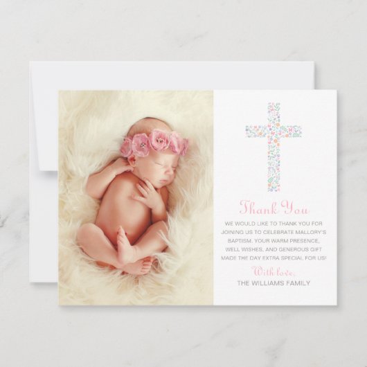 Elegant roze Floral Cross Baby Girl Baptisme Foto Bedankkaart (Voorkant)