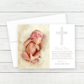 Elegant roze Floral Cross Baby Girl Baptisme Foto Bedankkaart