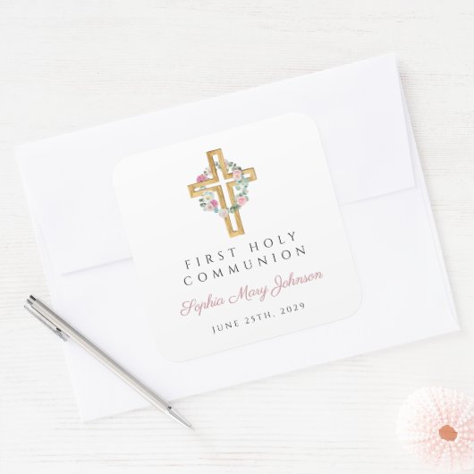 Elegant roze Floral Cross First Community Vierkante Sticker (Envelop)