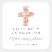 Elegant roze Floral Cross First Community Vierkante Sticker (Voorkant)