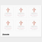 Elegant roze Floral Cross First Community Vierkante Sticker (Vel)