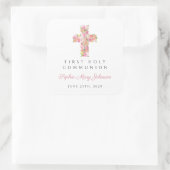 Elegant roze Floral Cross First Community Vierkante Sticker (Tas)