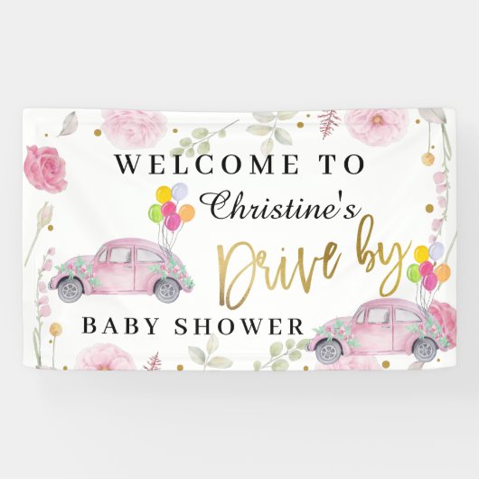 Elegant roze Floral drive by Baby shower Welkom Spandoek (Horizontaal)