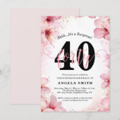 Elegant roze Floral & Glitter 40e verjaardag Kaart (Voorkant / Achterkant)