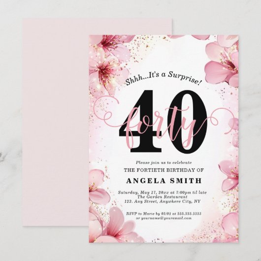 Elegant roze Floral & Glitter 40e verjaardag Kaart (Voorkant / Achterkant)