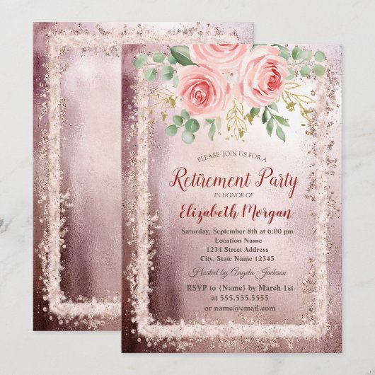 Elegant roze Floral Glitter Lijst Retirement Kaart (Voorkant / Achterkant)