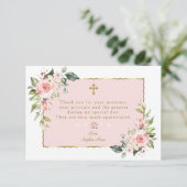 Elegant roze Floral Gold Cross Boy bevestiging Bedankkaart (Staand voorkant)