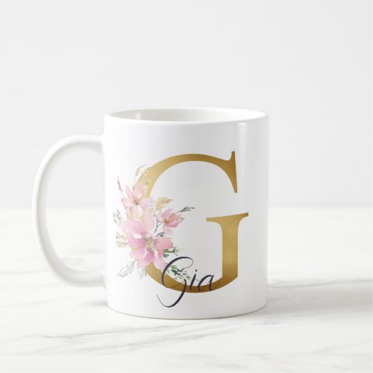 Elegant roze Floral Gold Letter Monogram G Koffiemok (Links)