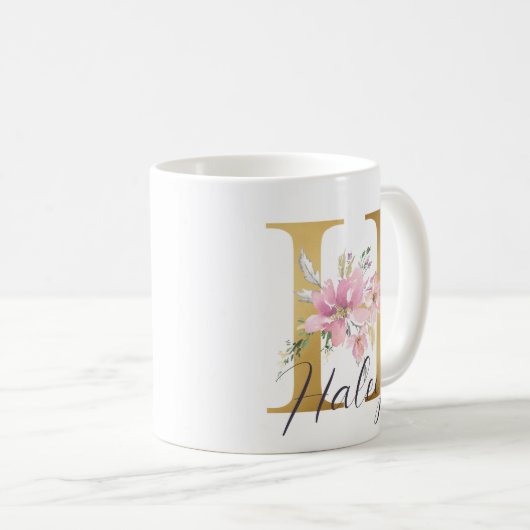 Elegant roze Floral Gold Letter Monogram H Koffiemok (Voorkant rechts)