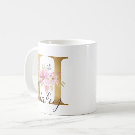 Elegant roze Floral Gold Letter Monogram H Koffiemok (Voorkant links)