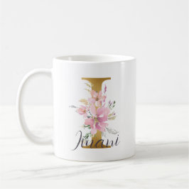 Elegant roze Floral Gold Letter Monogram I Koffiemok