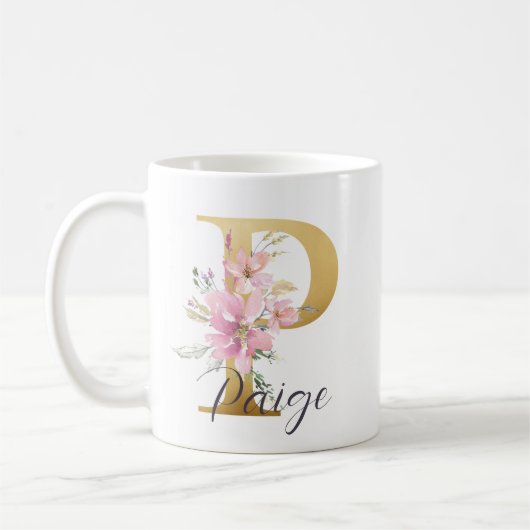 Elegant roze Floral Gold Letter Monogram P Koffiemok (Links)