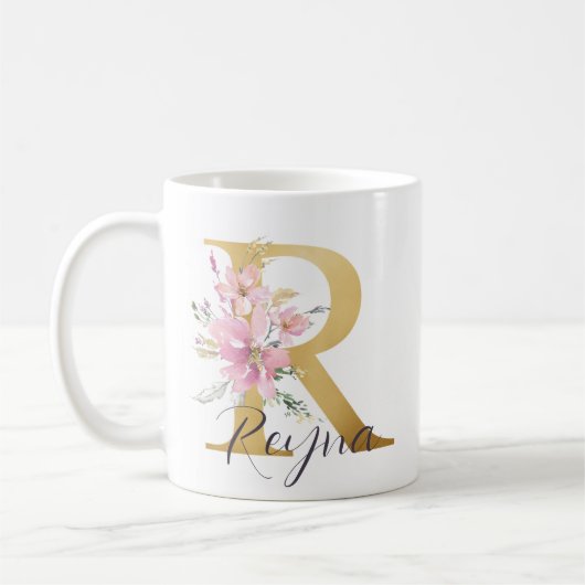Elegant roze Floral Gold Letter Monogram R Koffiemok (Links)