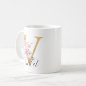 Elegant roze Floral Gold Letter Monogram V Koffiemok (Voorkant links)
