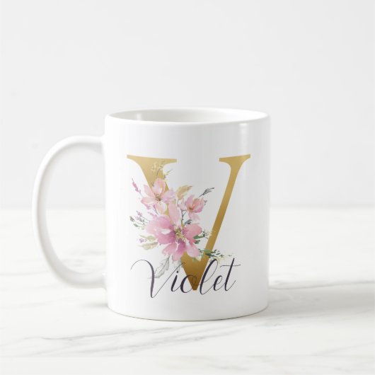 Elegant roze Floral Gold Letter Monogram V Koffiemok (Links)