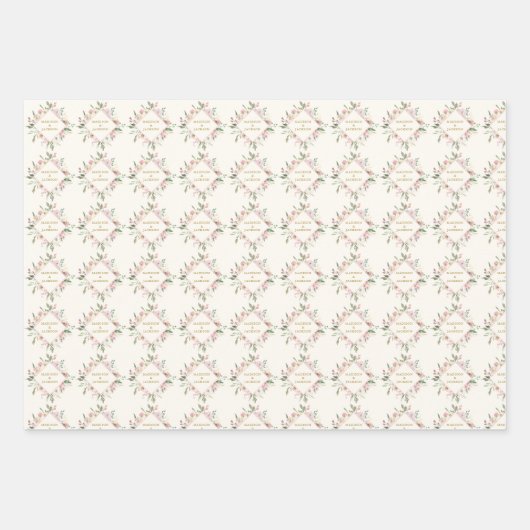 Elegant roze Floral Gold Script aangepaste bruilof Inpakpapier Vel (Voorkant)