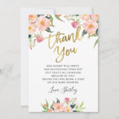 Elegant roze Floral Gold Script-Baby shower Bedankkaart (Voorkant)