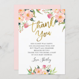 Elegant roze Floral Gold Script-Baby shower Bedankkaart