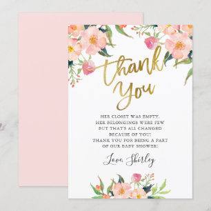 Elegant roze Floral Gold Script-Baby shower Bedankkaart