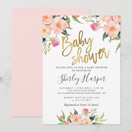 Elegant roze Floral Gold Script-Baby shower Kaart (Voorkant / Achterkant)