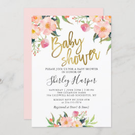 Elegant roze Floral Gold Script-Baby shower Kaart