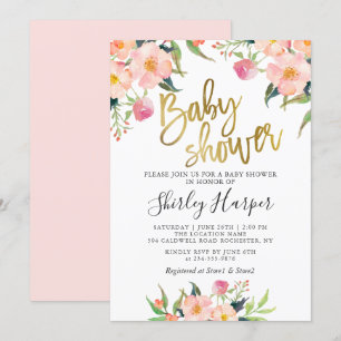 Elegant roze Floral Gold Script-Baby shower Kaart