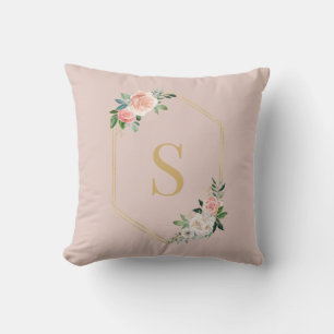 Elegant roze Floral Gold Script Monogramed Kussen